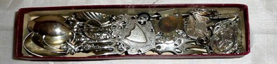 Lot 100 - Eight silver spoons, five Continental silver pickle forks and twelve medallions