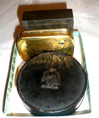 Lot 104 - A 19th century brass patent combined snuff and compact, a papier mache snuff and another