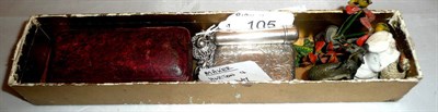Lot 105 - Silver vesta case and fancy chain hung with a silver cased cheroot holder, meerschaum cheroot...