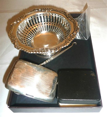 Lot 107 - Silver bonbon dish, cigarette case, button hook, miniature tyg, thimble, dollars etc