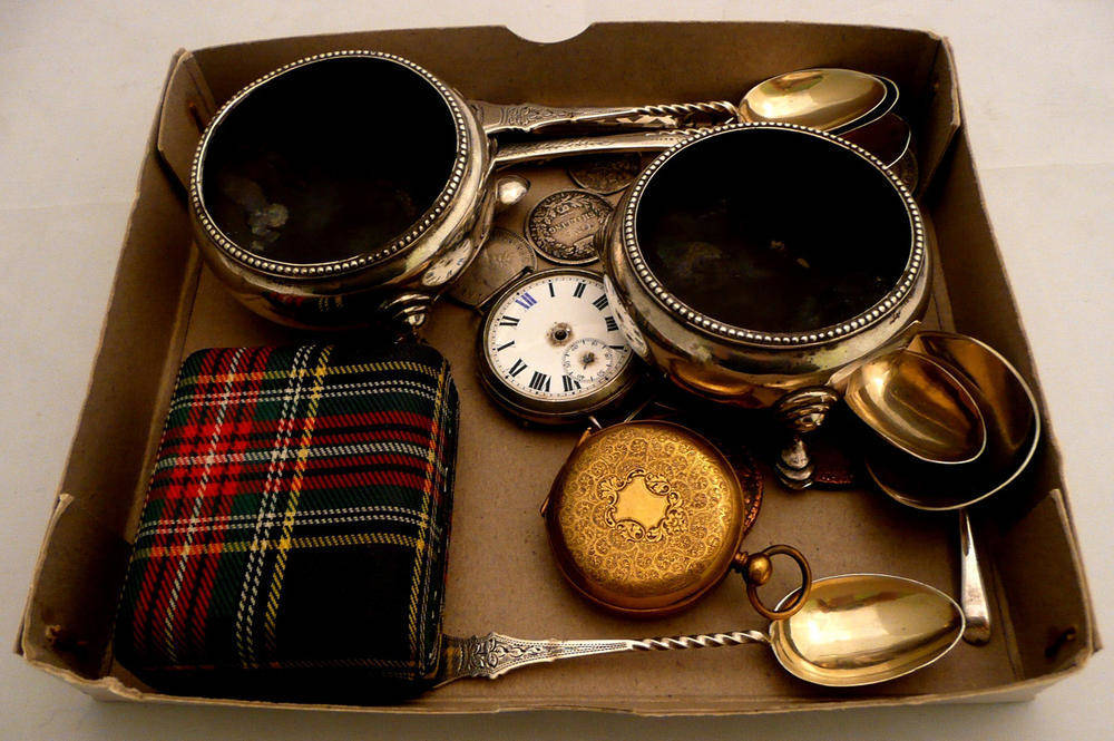 Lot 112 - Two silver salts, a caddy spoon, teaspoons, one penny token, coins, watches etc