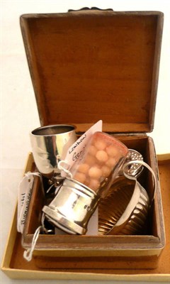 Lot 114 - Silver cigarette box, pair of silver salts and spoons, a two hundred silver salt, a miniature...