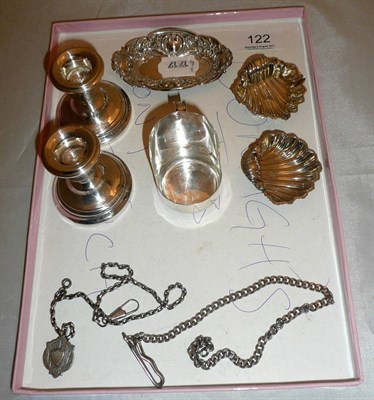 Lot 122 - Pair of silver dwarf candlesticks, pair of silver salts, candle holder etc