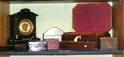 Lot 129 - An Edwardian mantel clock, a Victorian mahogany sewing box with fitted drawer, other boxes etc