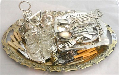 Lot 146 - Plated oval tray, plated and glass condiment, plated egg stand, plated basket and plated flatware