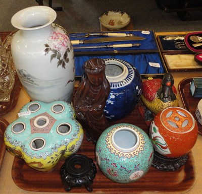 Lot 172 - Tray of oriental ceramics, hardwood figure, 20th century vase etc