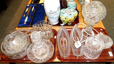Lot 173 - Two trays of assorted cut glass, mushroom table lamp, pair of boat shaped dishes etc