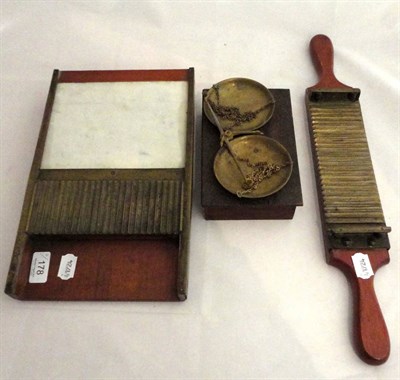 Lot 178 - Pill board and scales, walnut writing box and an oak canteen with soapstone figures