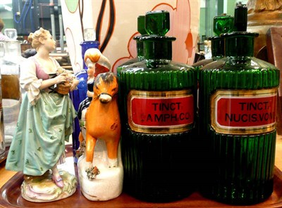 Lot 189 - Five coloured glass chemist bottles. a Staffordshire figure and a continental figure