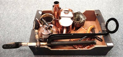 Lot 204 - Copper hot water can, a copper alcohol sampler, early copper electric kettle, bronze mortar,...