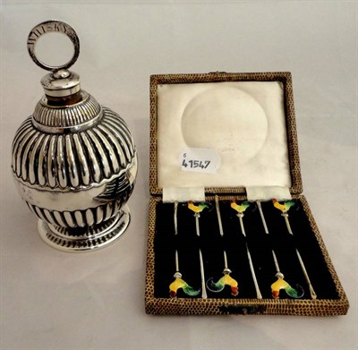 Lot 206 - Six sterling enamel cocktail sticks and a Mappin & Webb plated bottle with silver Whisky stopper