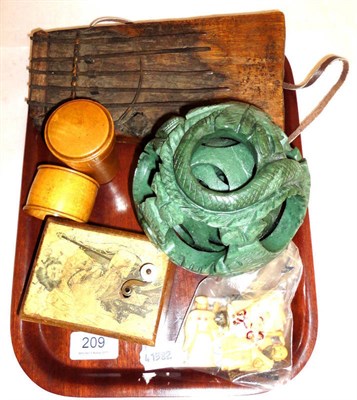 Lot 209 - Manivelle music box, African thumb piano, Mauchline Ware, four Japanese netsuke and a puzzle ball