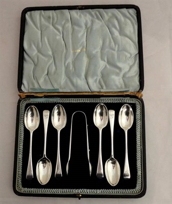 Lot 211 - A set of six silver teaspoons and tongs, cased