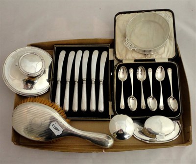 Lot 213 - A quantity of silver to include teaspoons, inkwell, dressing table pieces etc