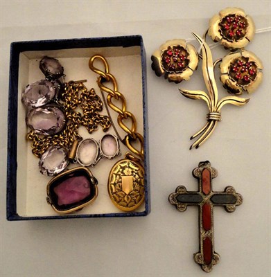 Lot 238 - A hardstone cross pendant, a floral brooch, amethyst pieces etc (mainly a.f.)