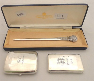 Lot 251 - Silver letter opener, silver cigarette case and a silver coin/stamp holder (3)