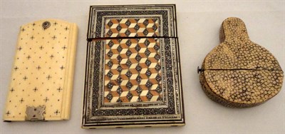 Lot 255 - A shagreen case with spectacles, a card case and an ivory 'Aide Memoire'