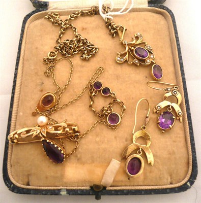 Lot 267 - An amethyst and pearl 9ct pendant, a brooch, a pair of earrings and a necklace