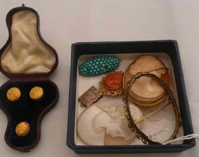 Lot 271 - A turquoise brooch, another, a coral cameo brooch, two other cameo brooches, a bible charm and...