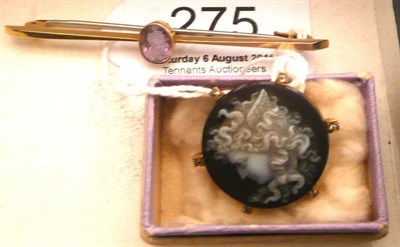 Lot 275 - Bar brooch stamped 18ct and a Victorian cameo brooch