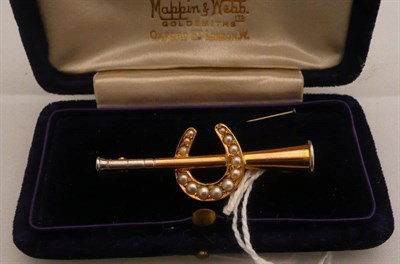 Lot 287 - A hunting horn and seed pearl set horseshoe brooch in Mappin & Webb case