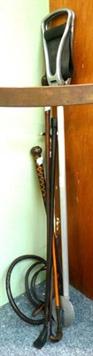 Lot 290 - An Australian stockman's whip, a child's hunting whip, leather covered riding crop and whip, as...