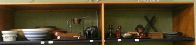 Lot 297 - Two shelves of treen and collector's items including a money box etc