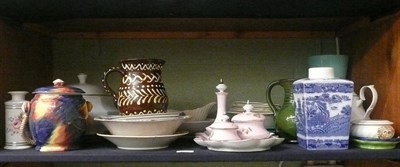 Lot 298 - Maling ware biscuit barrel, Slip ware jug, two Minton green glazed plates, Imari plate and...