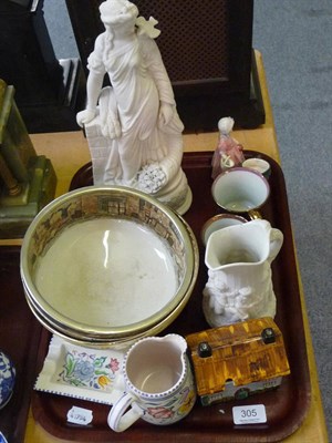 Lot 305 - Tray of ceramics, Doulton figure, Parian figure, Maling bowl etc