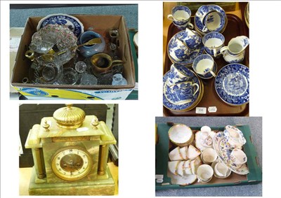 Lot 306 - Tray including blue and white teawares, onyx mantel clock, glass, china etc