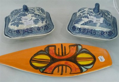 Lot 307 - Poole shaped dish, two willow patterned pearl ware tureens and covers (3)