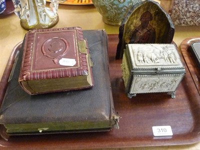 Lot 310 - Russian style icon, Dutch style box and two photo albums