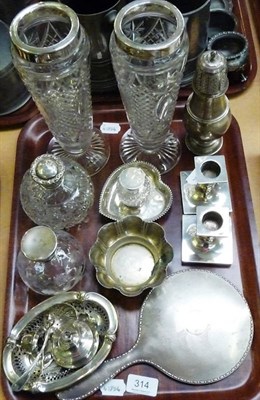 Lot 314 - Pair of cut glass vases with silver mounts, silver castor, dwarf candlesticks, scent bottles etc