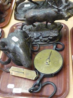 Lot 322 - Bronzed rams head, cast figure of a stag and two Salters scales (4)