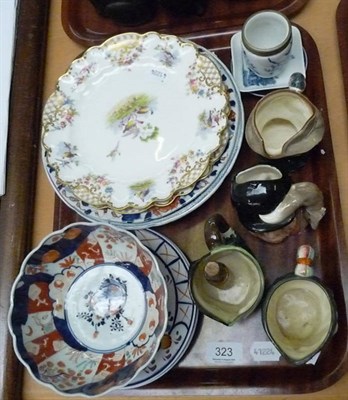 Lot 323 - Tray including Masons Ironstone plate, two George Jones dishes, blue and white transfer printed...