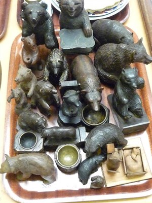 Lot 325 - A tray of assorted carved black forest bears including a standing bear match box holder etc