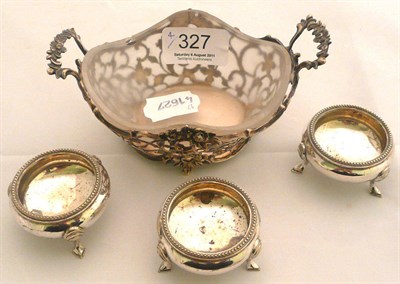 Lot 327 - Three silver salts and a white metal basket with liner