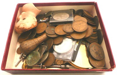 Lot 331 - Silver cased sewing items, German bisque shoulder head doll, assorted coins, fobs etc