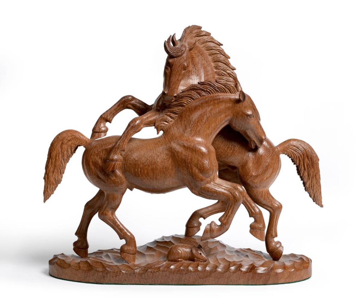 Lot 491 - A Robert  "Mouseman " Thompson Carved Oak Stallion Group, modelled as two rearing fighting...