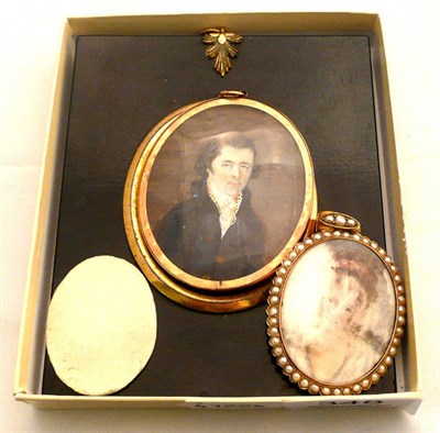 Lot 348 - Ebonised miniature frame, framed miniature portrait of a gent, seed pearl decorated pendant...