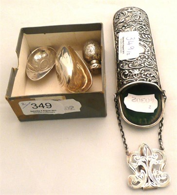 Lot 349 - A silver spectacle case, a caddy spoon as a jockey cap, a scent bottle and a mussel shell box