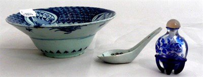 Lot 357 - Blue overlay glass snuff bottle, a Chinese bowl and a spoon (3)