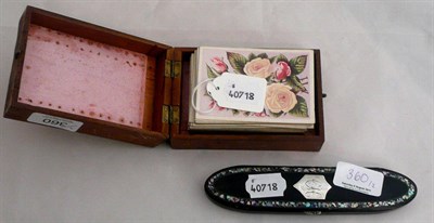 Lot 360 - Lacquer and mother of pearl spectacle case and a Tunbridgeware cribbage set