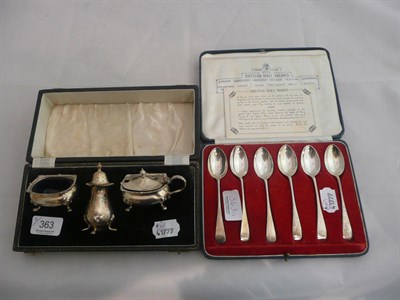 Lot 363 - Cased set of six silver teaspoons and cased set of three silver condiments