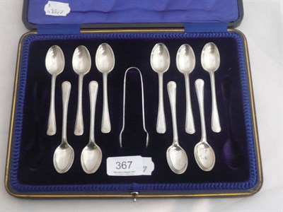 Lot 367 - A cased set of ten silver teaspoons and a pair of tongs