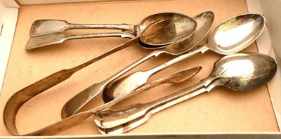 Lot 398 - Six silver fiddle pattern teaspoons, a pair of silver sugar tongs, 7oz approximate weight (7)