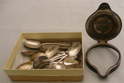 Lot 403 - A collection of assorted silver teaspoons, napkin rings, flagon top etc