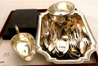 Lot 413 - Silver sauce boat, silver spoons and plated wares