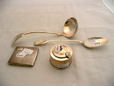 Lot 414 - Silver cased inkwell, Georgian silver serving spoon, silver cigarette case and plated ladle (4)