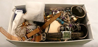 Lot 420 - A box of assorted jewellery including beads, necklaces, watches, silver jewellery etc